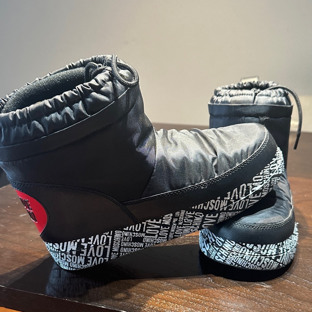 Moschino LOVE Black and White with Red Hearts Winter Boots